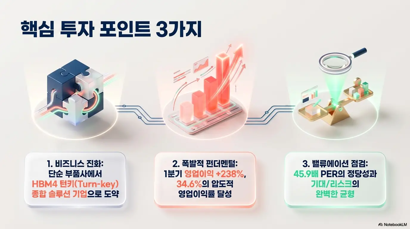 ISC 주가 전망 핵심 투자 포인트 3가지를 정리한 인포그래픽. 단순 부품사에서 HBM4 턴키 종합 솔루션 기업으로 도약&amp;#44; 1분기 영업이익 238퍼센트 급증과 영업이익률 34.6퍼센트&amp;#44; PER 45.9배의 정당성과 기대&middot;리스크 균형을 시각적으로 전달함.