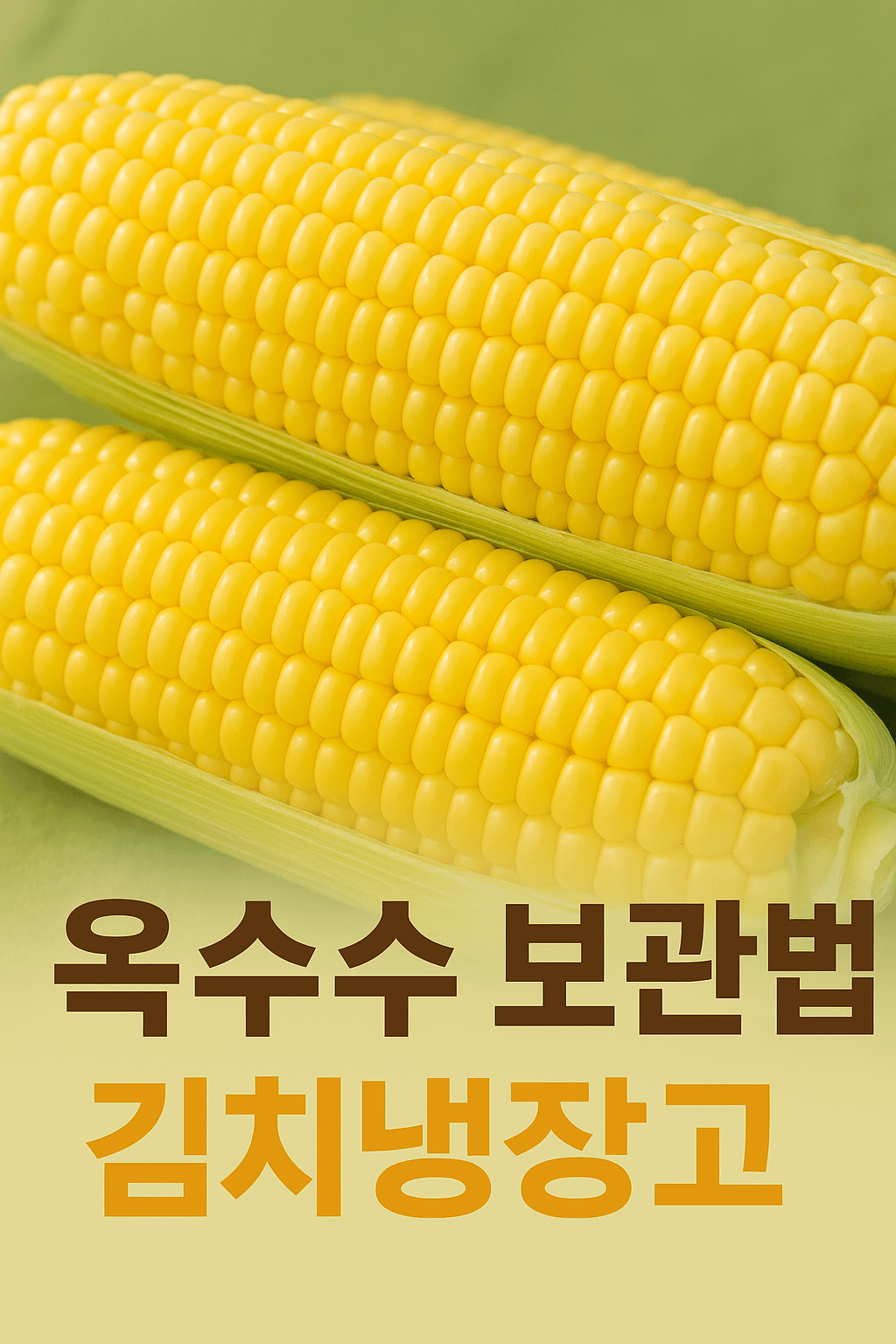 껍질이 반쯤 벗겨진 신선한 옥수수 세 개가 가지런히 놓여 있고, 아래에는 '옥수수 보관법 김치냉장고'라는 문구가 진한 갈색과 주황색으로 강조되어 있는 썸네일 이미지