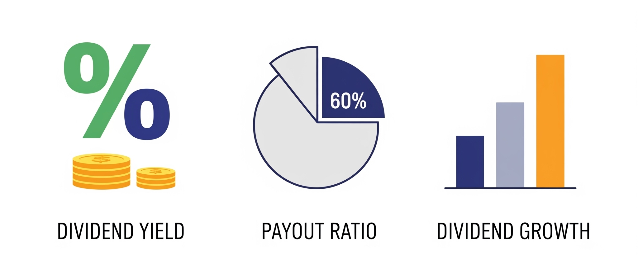 배당주 투자의 핵심 지표인 배당수익률, 배당성향, 배당성장률 아이콘