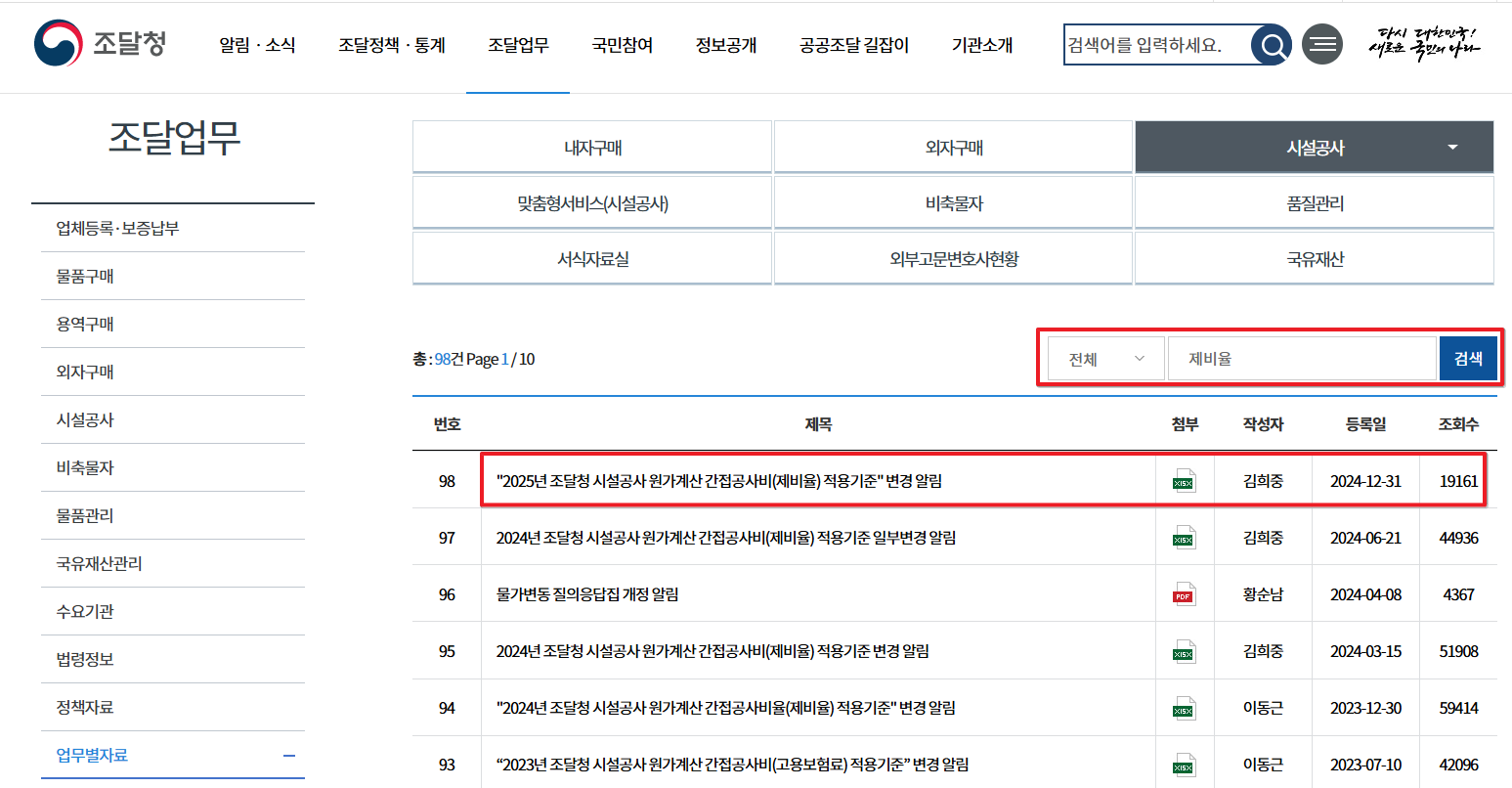 원가계산 제비율 다운 받기