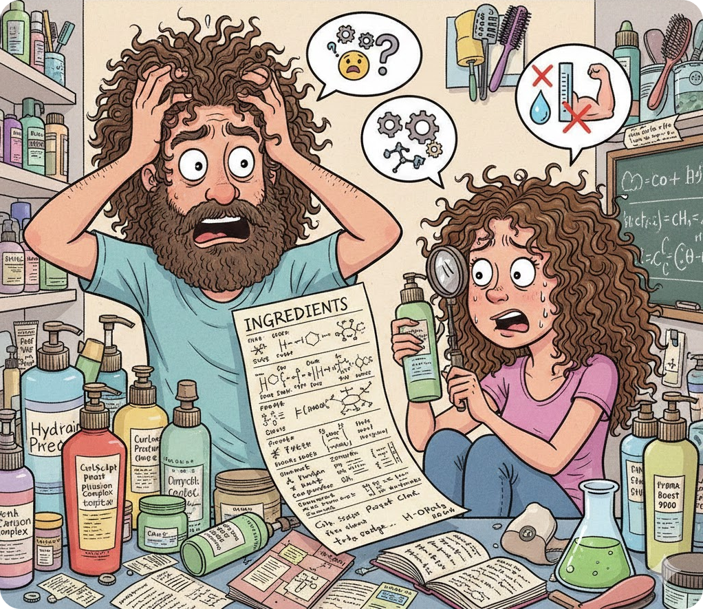 곱슬머리를 가진 남녀가 복잡한 미용 제품과 성분표 앞에서 머리를 쥐어싸고 고민하는 코믹한 일러스트