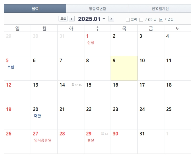 2025년 1월 달력