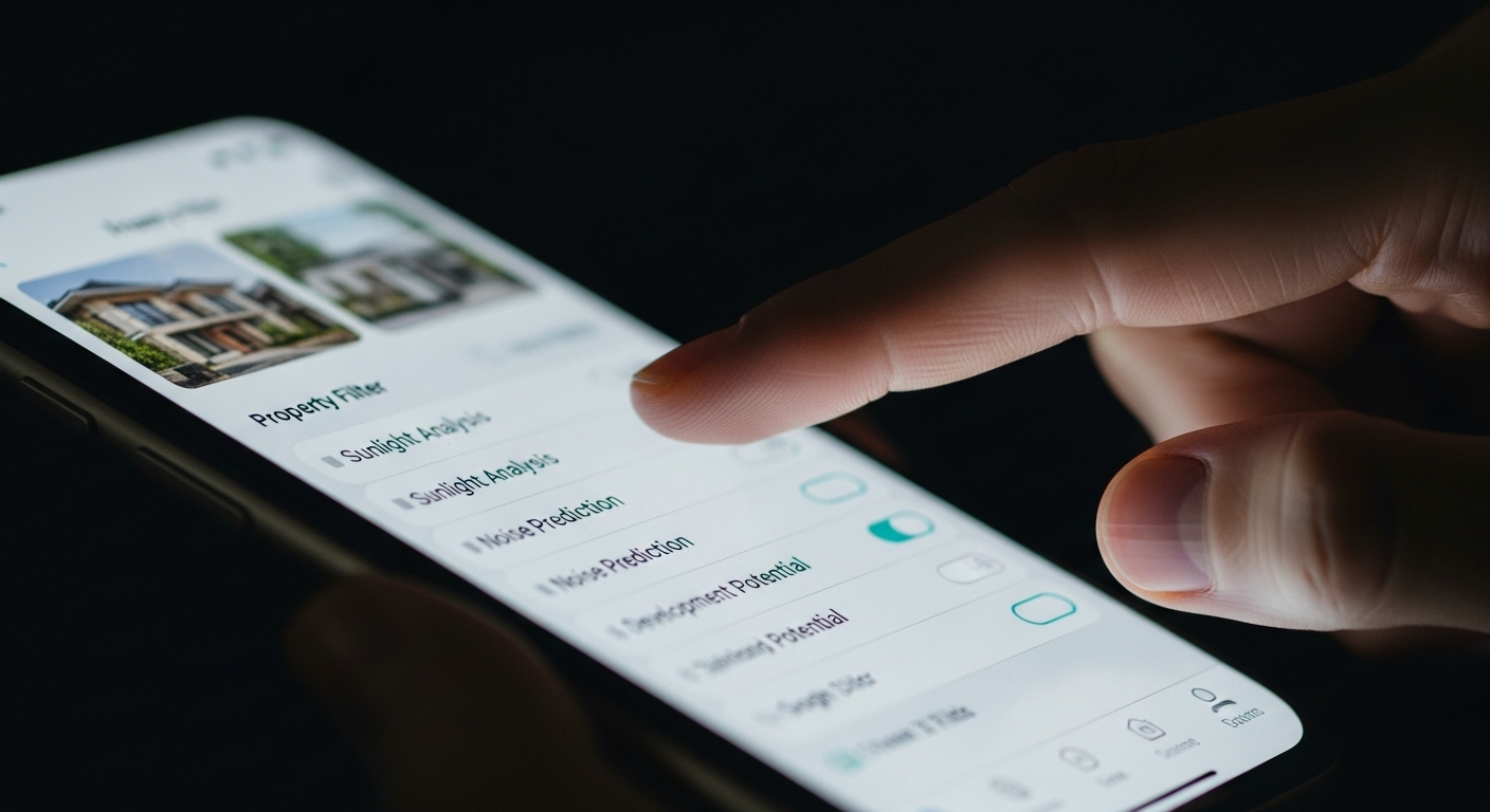 스마트폰 부동산 앱에서 '일조량 분석', '소음 예측' 등 AI 기반의 상세 필터를 설정하는 손가락 클로즈업 이미지.