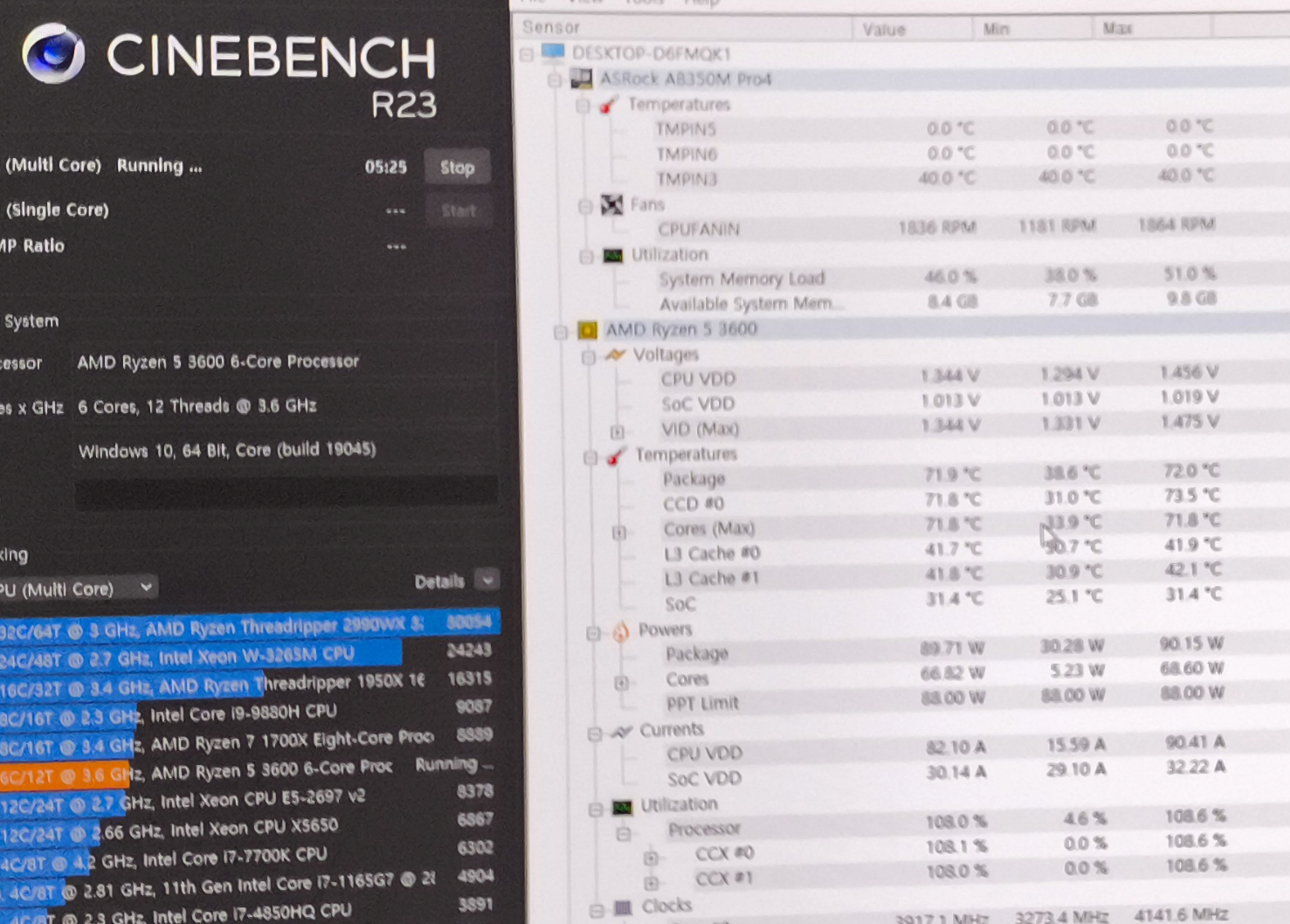 CPU 공랭 쿨러 교체 후 온도 확인 중