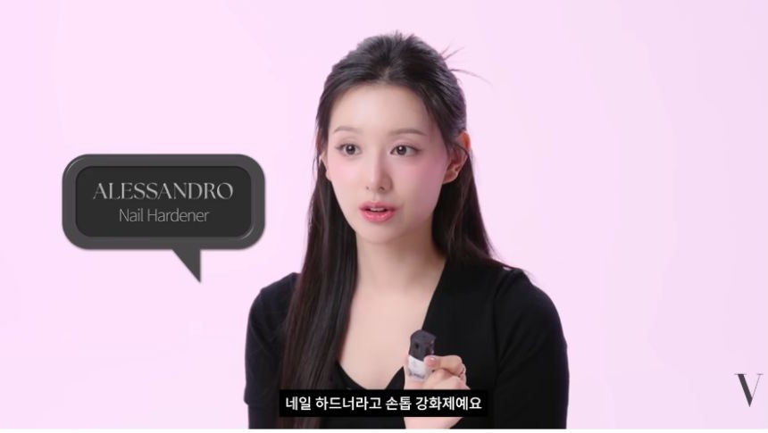 Kim Ji-won holding Alessandro Nail Hardener in Vogue Korea’s Beauty Essentials video