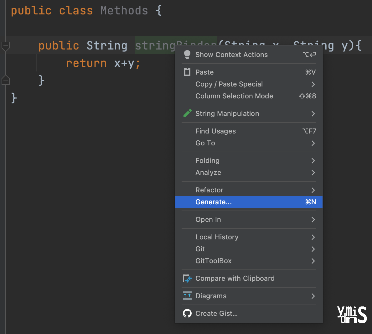 마우스 우클릭으로 메뉴를 띄워 Generate 메뉴를 선택한 모습이다.