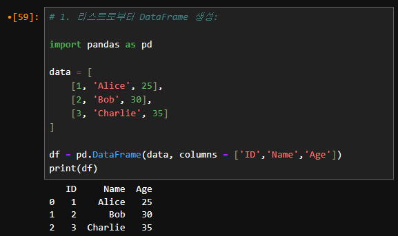 리스트로부터 DataFrame 생성: