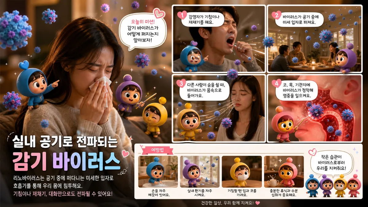 실내 공기를 통해 전파되는 감기 바이러스(리노바이러스)와 미니미 캐릭터 설명 이미지