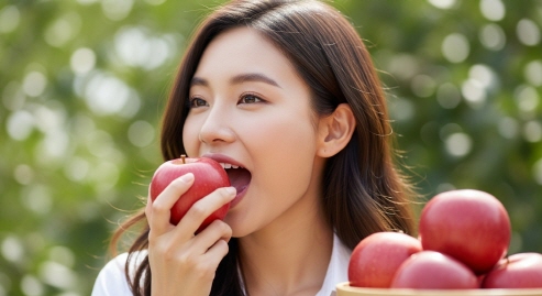 사과를 먹는 밝은 표정의 여성