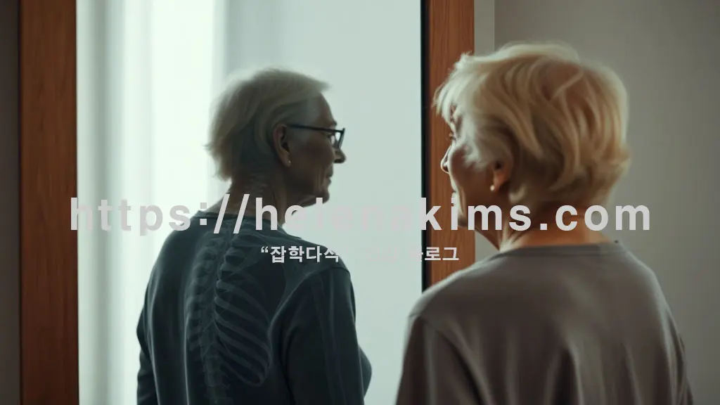 한 노부부의 아내가 등이 굽은 남편을 바라보며 남펀의 살짝 굽어진 등이나 줄어든 키를 발견하고 사색에 잠긴 모습입니다.
