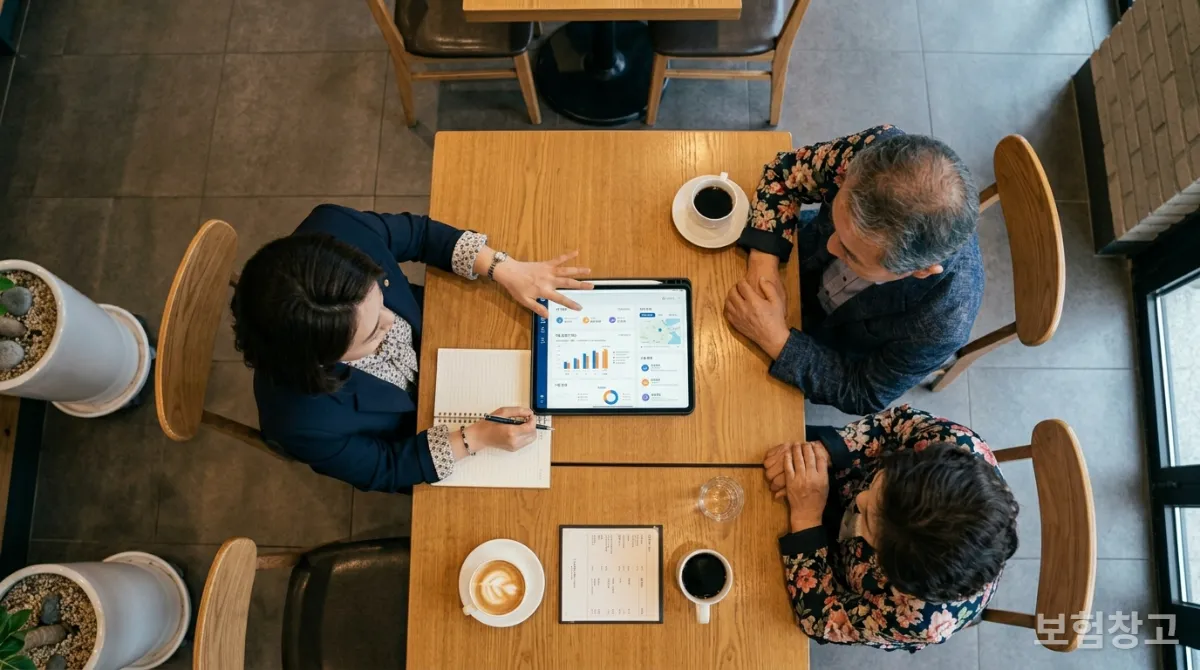 인간 보험설계사와 AI 시스템이 협력하여 고객에게 최적의 솔루션을 제공하는 모습