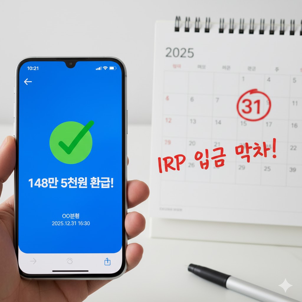 12월 31일 달력에 'IRP 입금!'이라고 적힌 모습과 '148만 5천원 환급!'이라는 통장 입금 알림
