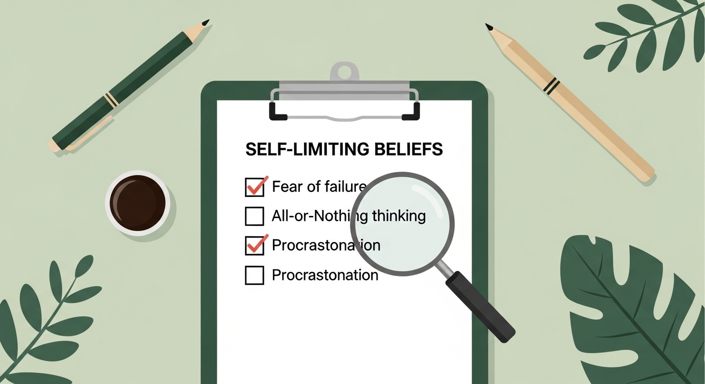 완벽주의 자가 진단 체크리스트가 있는 클립보드와 돋보기 일러스트.