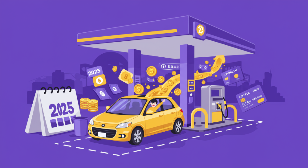 2025년 경차 유류세 환급 혜택을 통해 주유비를 절약하는 경차 운전자의 모습, 롯데, 신한, 현대 경차 유류세 환급 카드를 시각적으로 표현하여 현명한 소비와 유류비 절감을 강조.