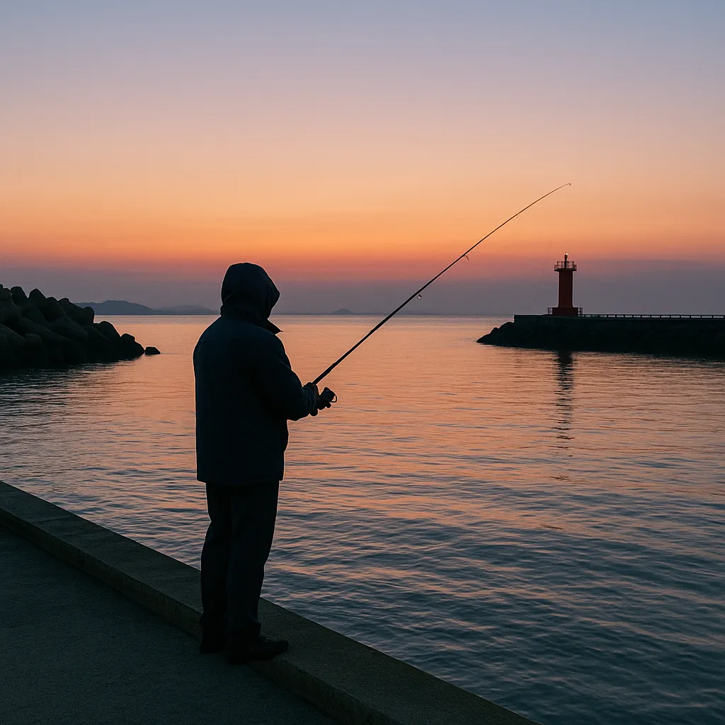 초지항 방파제에서 새벽 낚시 준비 중인 모습