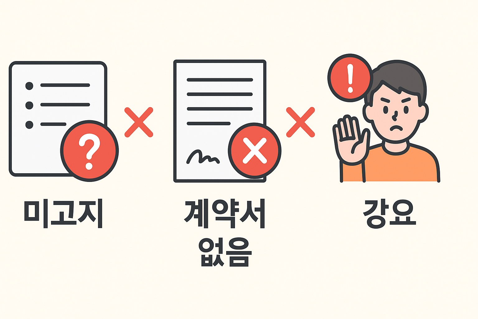 부당 계약을 유도하는 대리점의 문제 행동을 설명한 경고 아이콘 일러스트