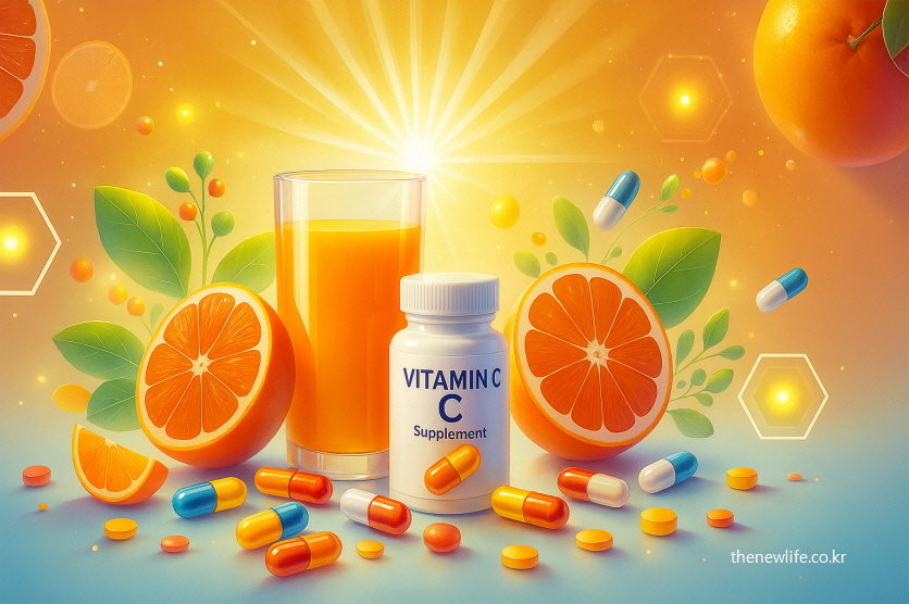 햇살 아래 비타민 D 보틀, 오렌지 주스, 과일, 알약이 함께 놓인 건강한 분위기의 영양제 일러스트