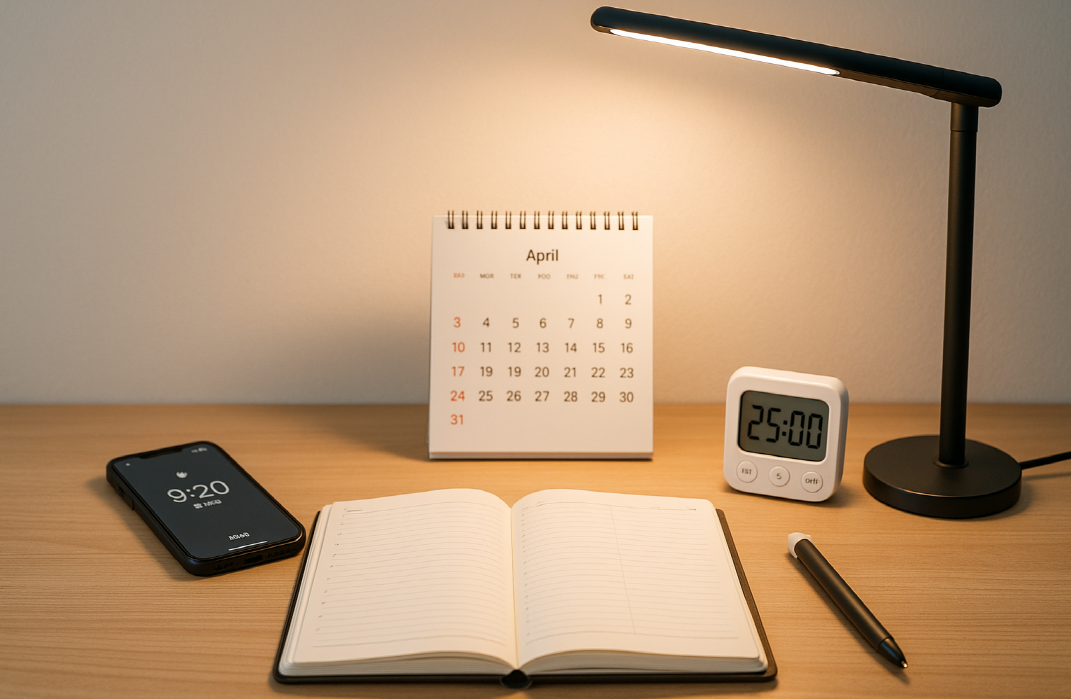 시험을 앞 둔 응시생의 긴장감이 감도는 책상 모습