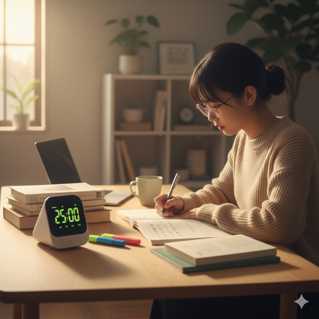 집중력 향상을 위해 타이머를 사용하며 공부하는 학생의 모습, 깔끔한 책상과 노트가 정돈된 환경 (이미지 생성:google)