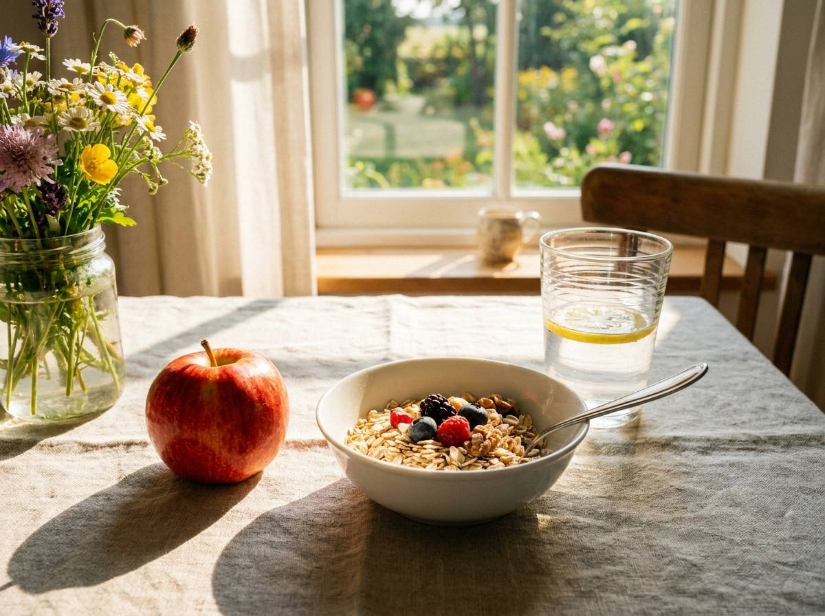 신선한 사과, 귀리, 물 한 잔이 놓인 아침 식탁, 따뜻한 햇살이 비치는 건강한 분위기