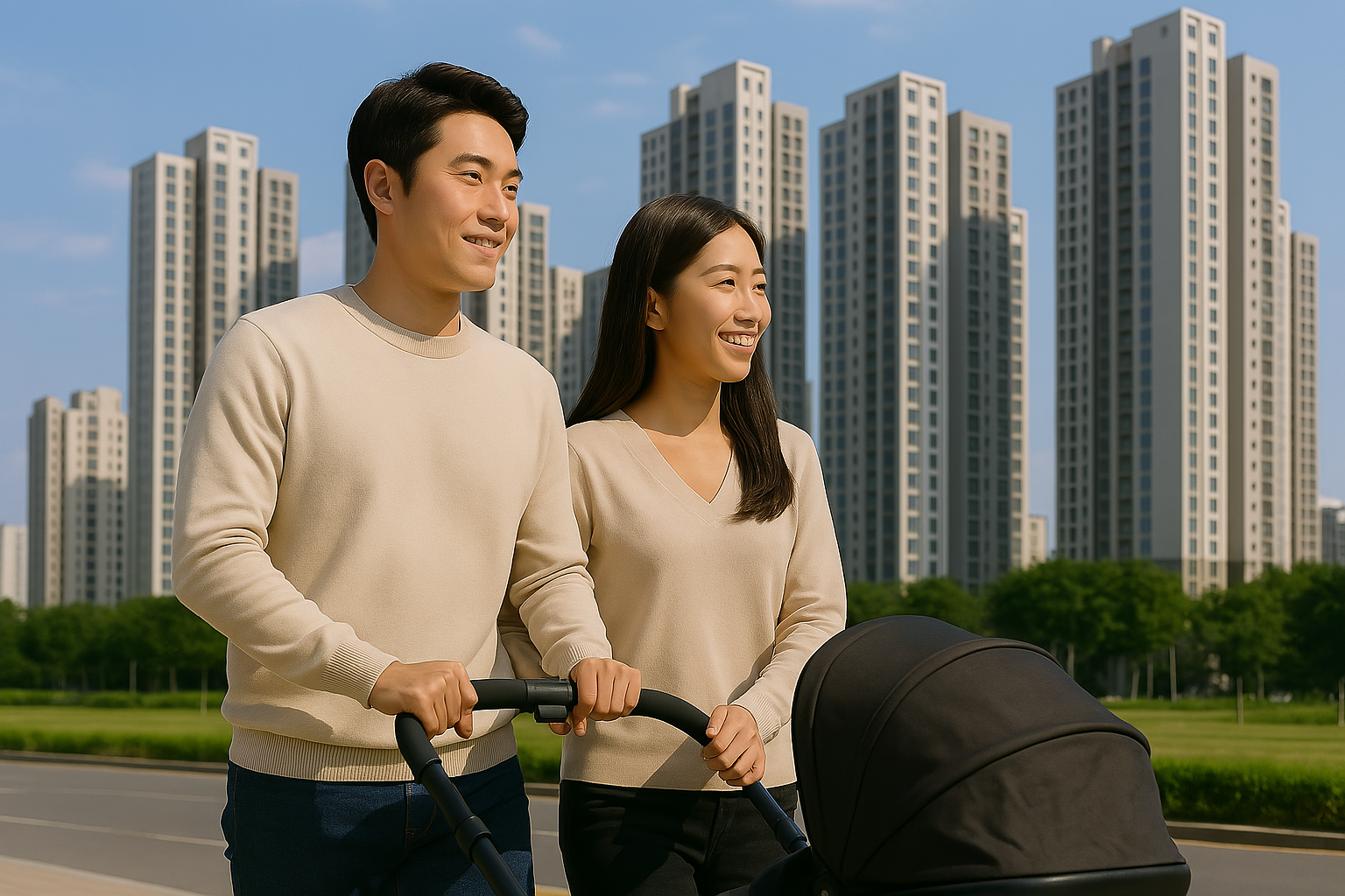 서울은평뉴타운디에트르더퍼스트 주변에서 신혼부부가 아기를 태운 유모차를 밀며 대출과 84타입 분양가 계획을 나누는 모습