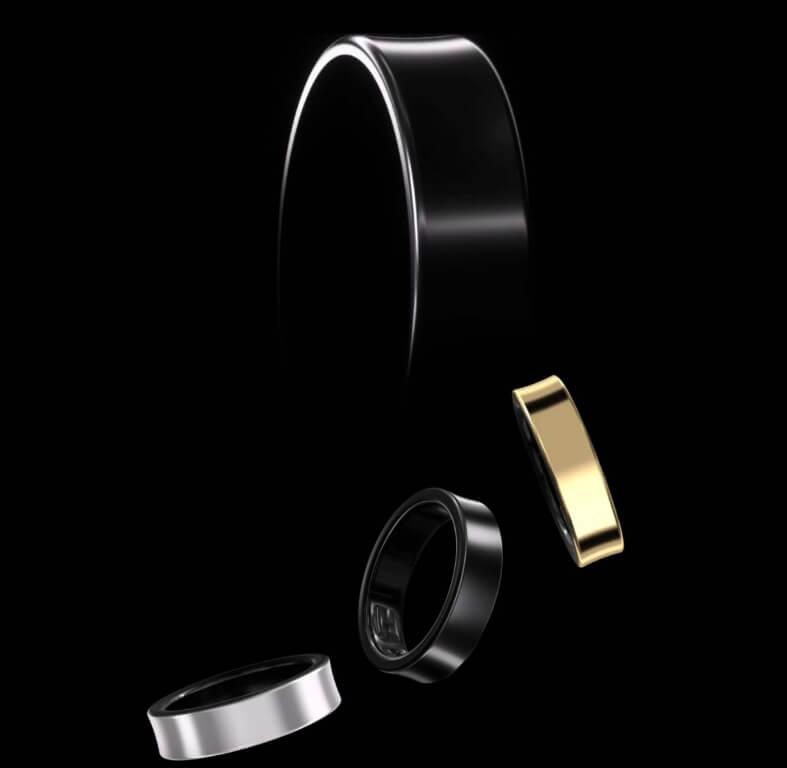 검정 배경 위에 떠 있는 삼성 갤럭시 링 모델 3종(검정, 은색, 금색)의 입체적 구성.