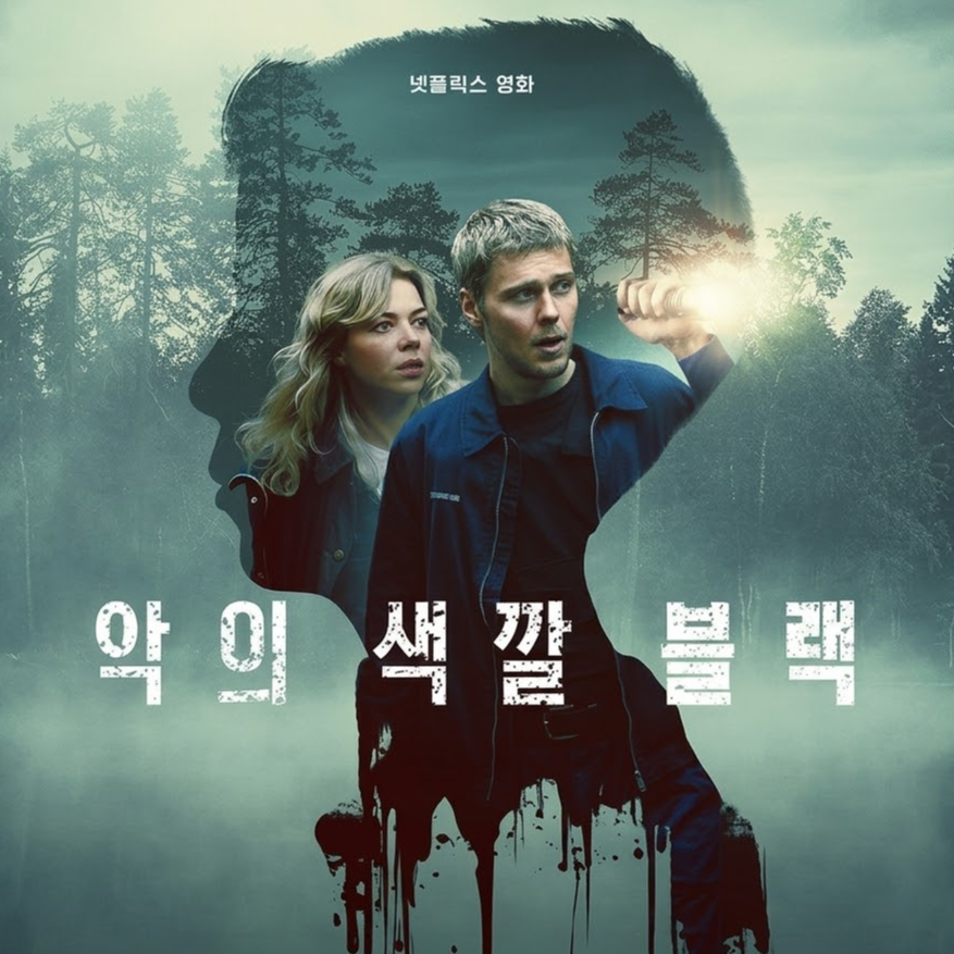 어두운 침엽수림을 배경으로 손전등을 비추는 남성과 다급한 표정의 여성, 피가 흘러내리는 듯한 효과의 '악의 색깔 블랙' 타이틀