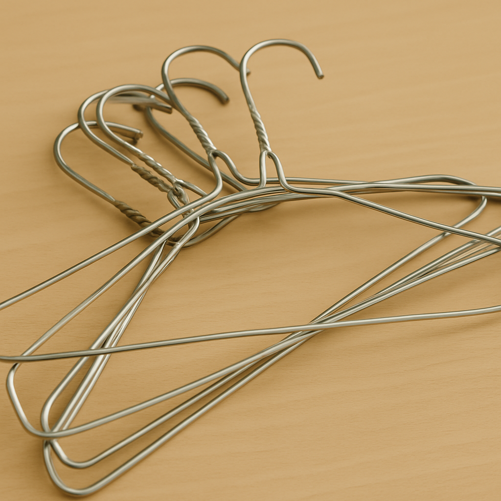 나무 책상 위에 철사로 된 세탁소 옷걸이 여러 개가 겹쳐져 놓여 있는 모습