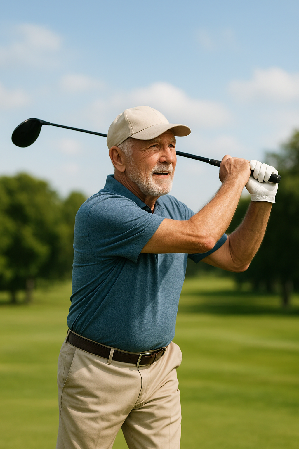 60대 후반의 남성 골퍼 카본 드라이버로 굿 샷 하는 모습