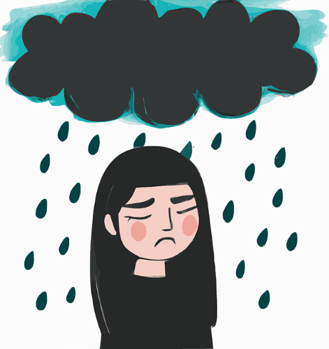 우울한 얼굴의 여성 머리위로 먹구름과 비가내리는 일러스트