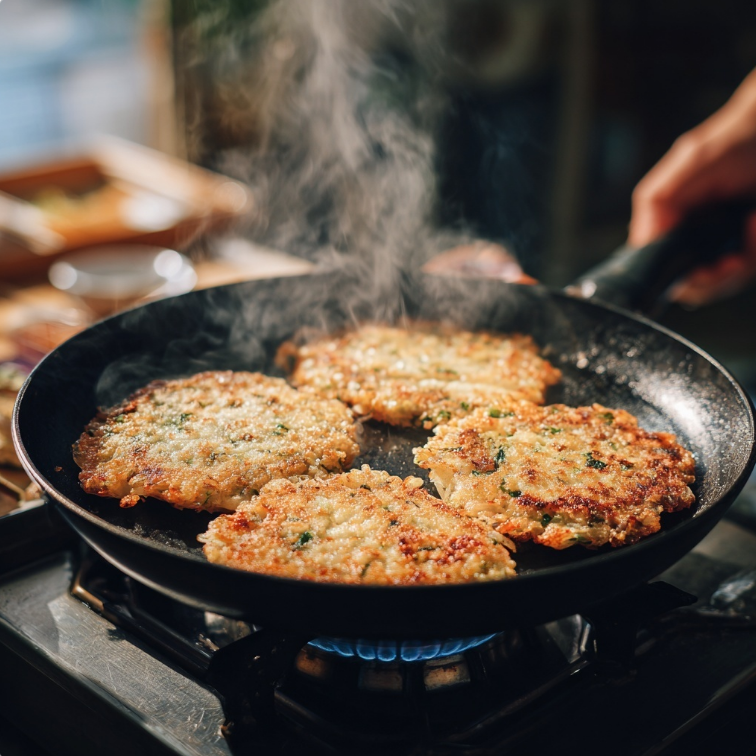 후라이펜에 녹두전 부치는 모습