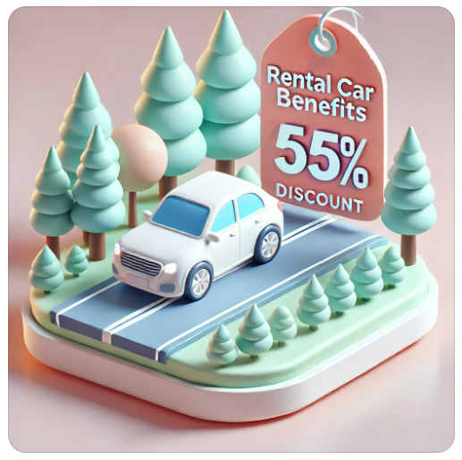 렌트카 할인 혜택을 나타내는 3D 이미지. 나무와 길, 그리고 렌트카 혜택이 표시된 할인 태그가 있는 여행 관련 이미지.