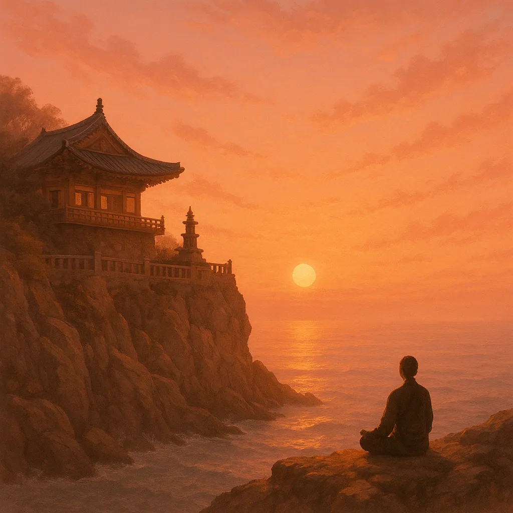 향일암 절벽 위 절과 여명 속 떠오르는 해의 장면