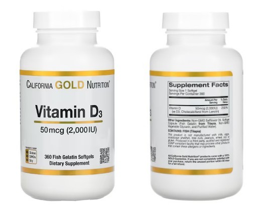 California Gold Nutrition, 비타민D3, 50mcg(2,000IU), 피쉬 젤라틴 소프트젤 360정