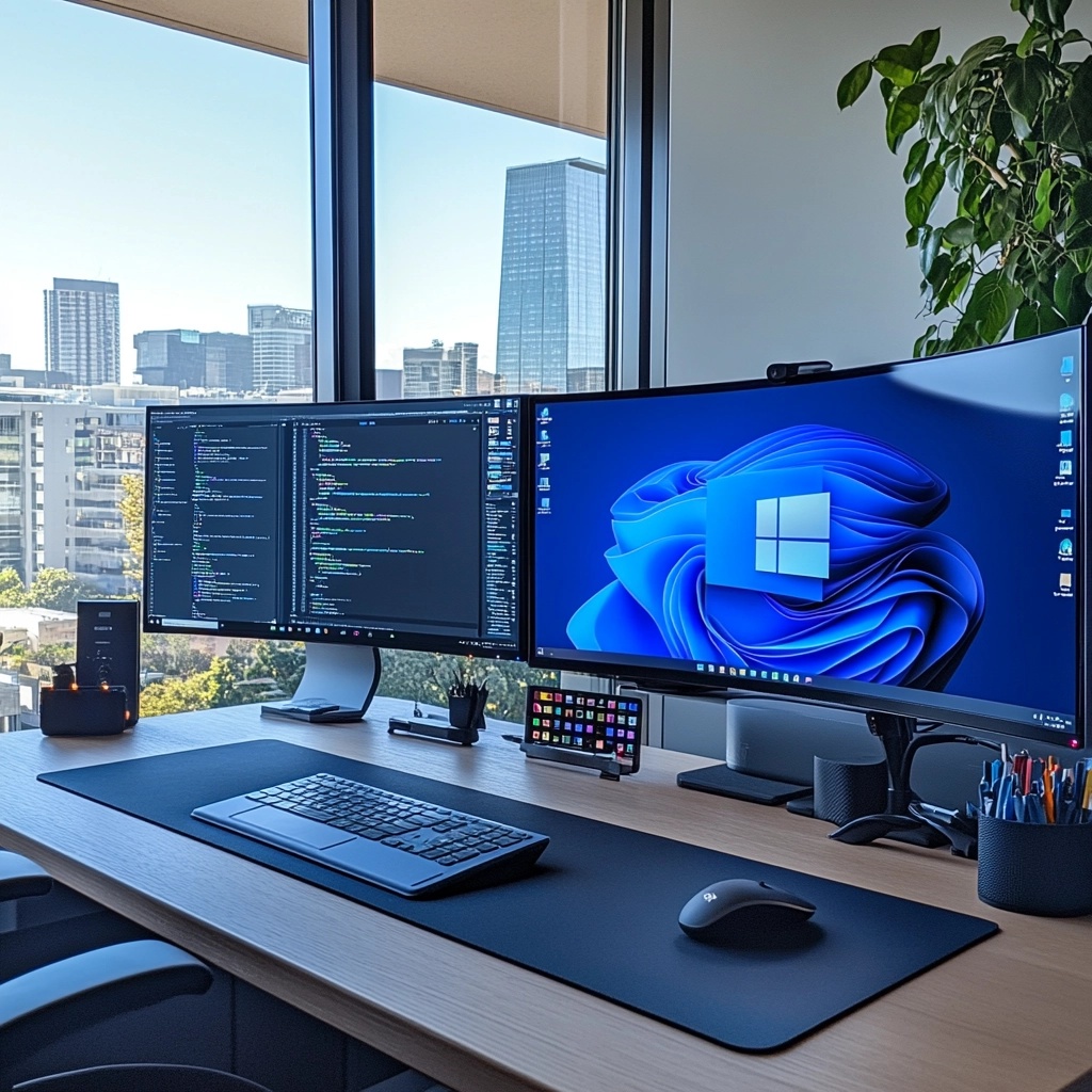 컴퓨터 책상과 윈도우 바탕화면