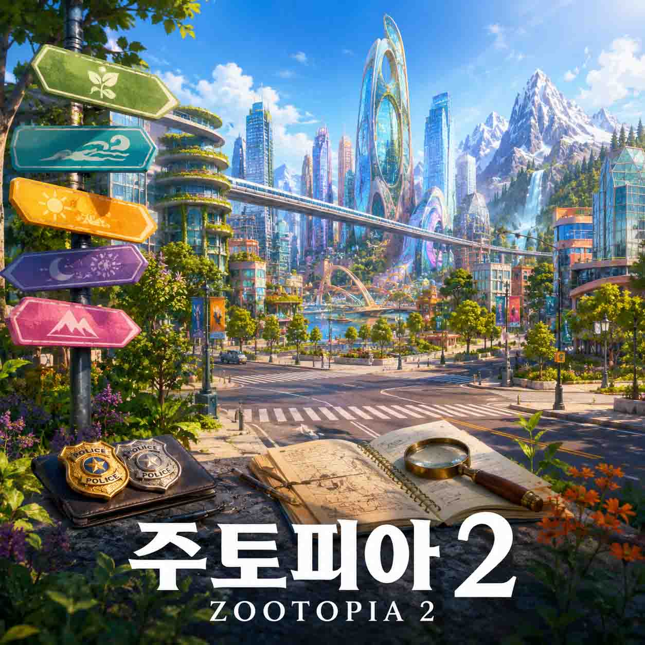 영화 주토피아 2를 표현한 다양한 자연환경이 어우러진 미래 도시와 여러 방향을 가리키는 표지판, 경찰 배지와 지도, 돋보기가 놓인 이미지