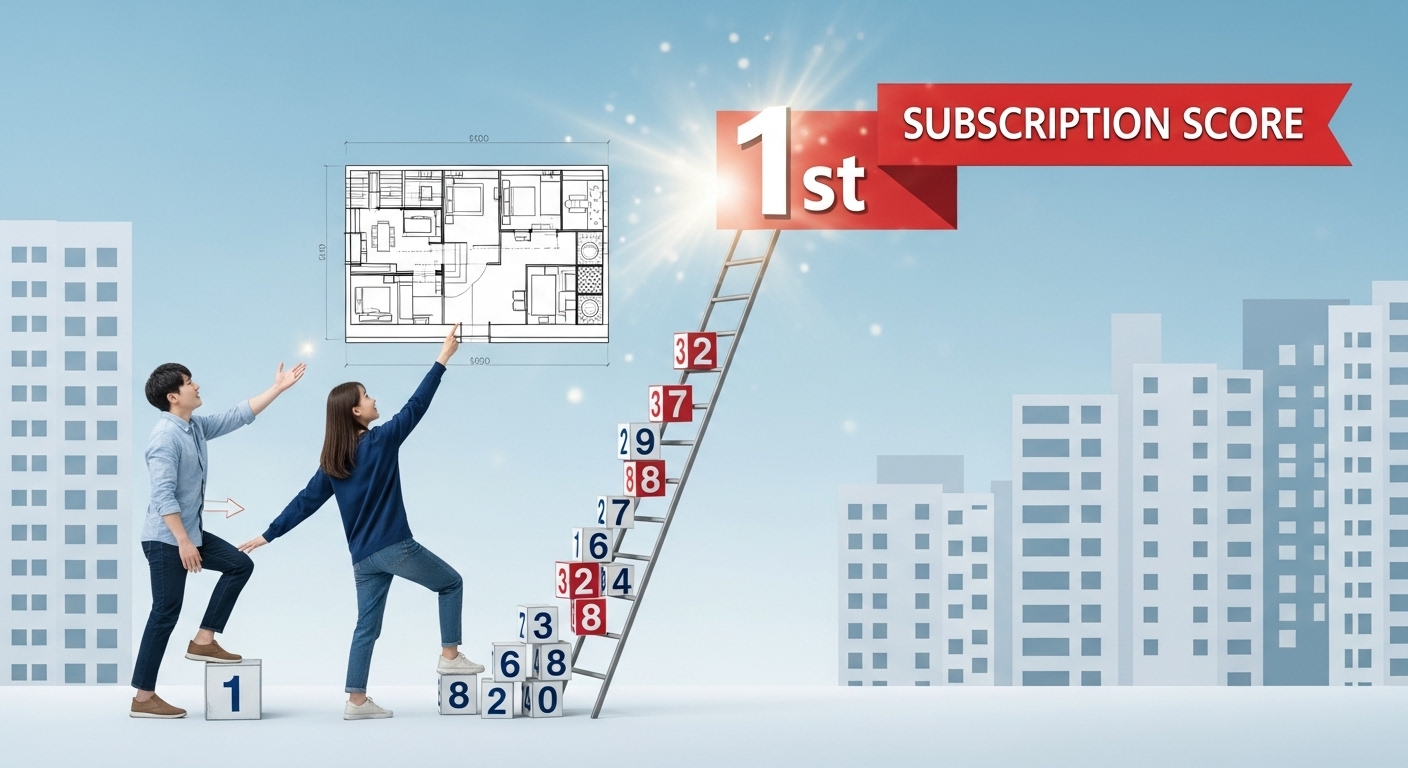 청약 점수를 높이기 위해 노력하는 젊은 한국인 부부가 아파트 청약 가점 사다리를 오르는 모습. 청약 성공과 내 집 마련의 꿈을 향한 의지를 보여줍니다.