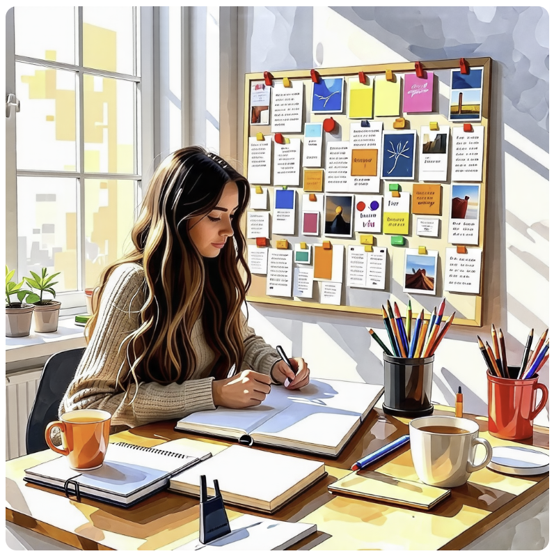 옆 벽면에 비전 보드를 걸어두고 노트에 성공 일지를 작성하고 있는 젊은 여성의 모습이 수채화풍으로 그려져 있다