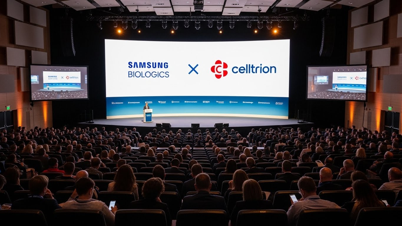 An auditorium view of the JP Morgan Healthcare Conference with 'Samsung Biologics' and 'Celltrion' logos on the main stage screen.