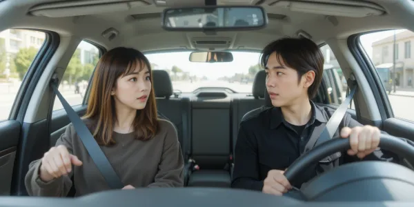 운전면허학원 강사가 연습 차량에서 주행을 지도하는 모습