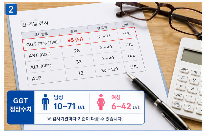 간 기능 검사 항목 중 GGT 수치가 표시된 건강검진 결과지 예시
