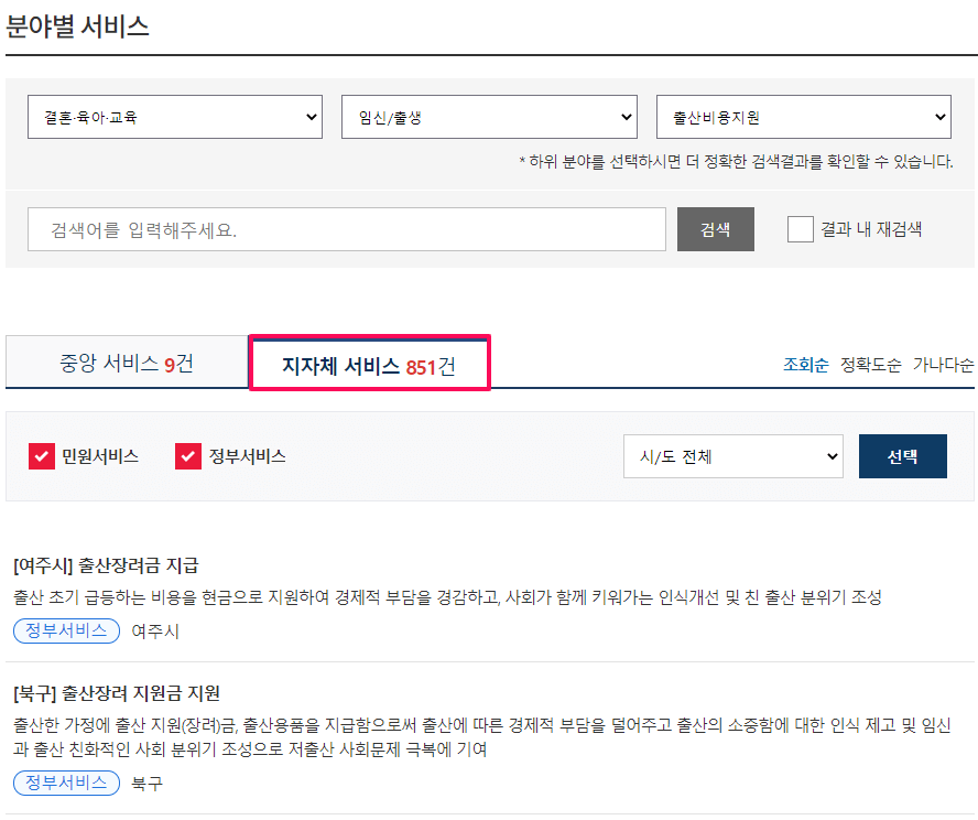 정부24 지자체 서비스 선택