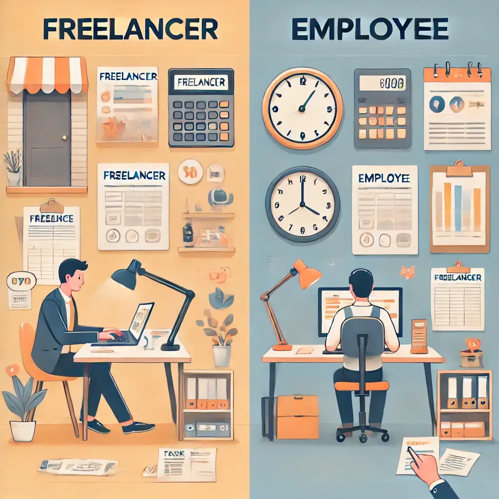 프리랜서와 근로자의 차이를 시각적으로 알려주고 있는 일러스트 이미지