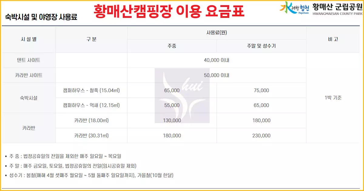 황매산 캠핑장 이용요금