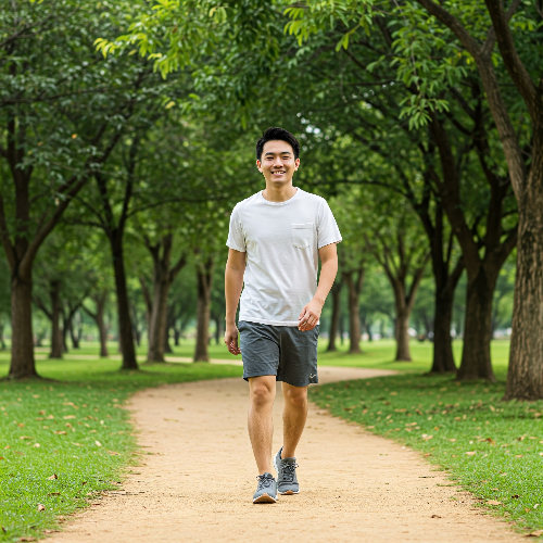 잘 맞는 운동화를 신고 편안한 표정으로 산책하는 남자