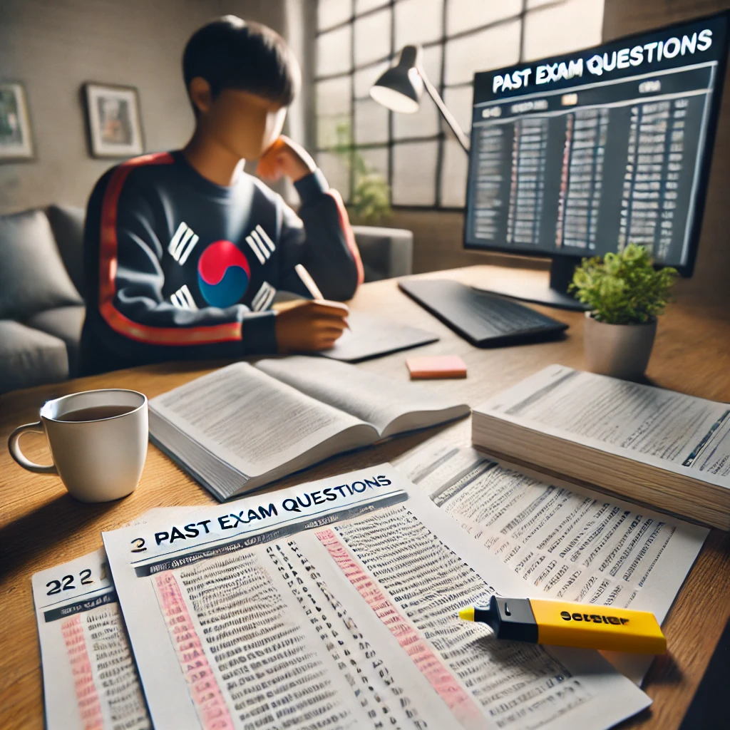 학생이 현대적인 책상에서 기출문제를 복습하는 모습. 학생은 형광펜으로 답을 강조하며 노트에 메모를 하고 있으며, 책상에는 노트북과 차 한 잔이 정리되어 있습니다