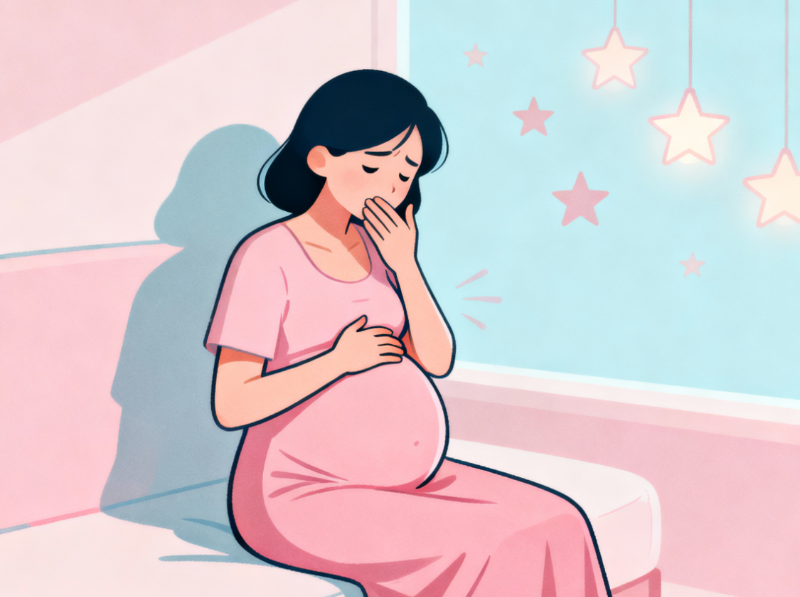 임산부가 소파에 앉아 배를 감싸며 입을 가리고 메스꺼움을 느끼는 모습. 배경에는 별 모양의 조명이 보임