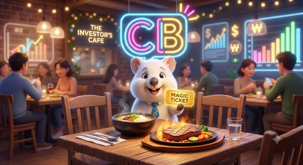 전환사채(CB)의 원리를 식당 메뉴에 비유한 모습. 투자자가 원할 때 안전한 이자를 받는 채권(국밥)을 포기하는 대신, 기업의 주식(스테이크)으로 완전히 교환하여 시세 차익을 노릴 수 있는 변신 권리를 설명함.