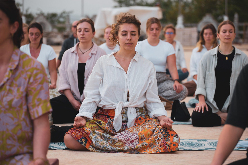 Women, Group meditation, Yoga image.