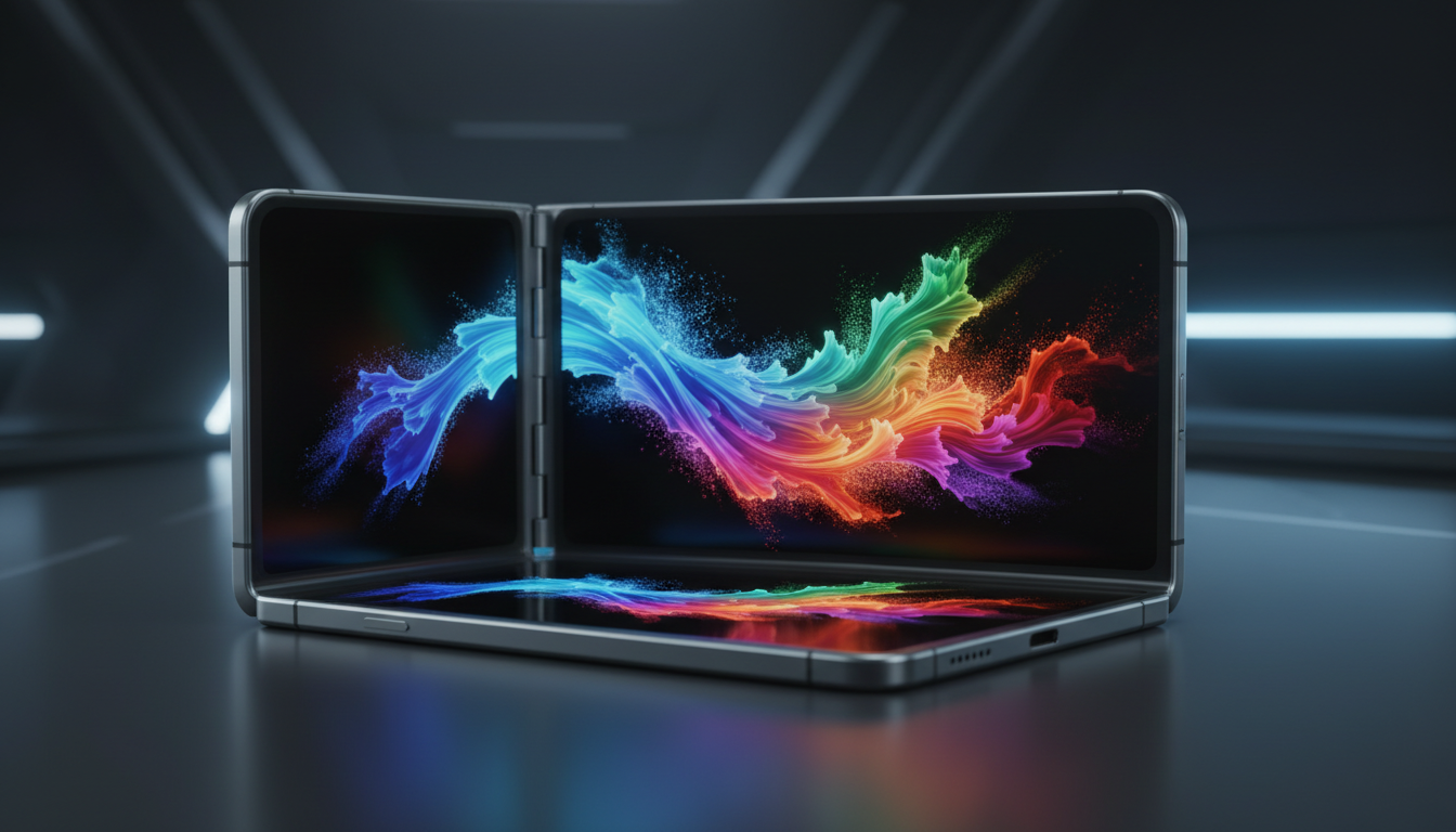 Z자 형태로 반쯤 펼쳐진 삼성 갤럭시 Z 트라이폴드 스마트폰의 프리미엄 제품 이미지